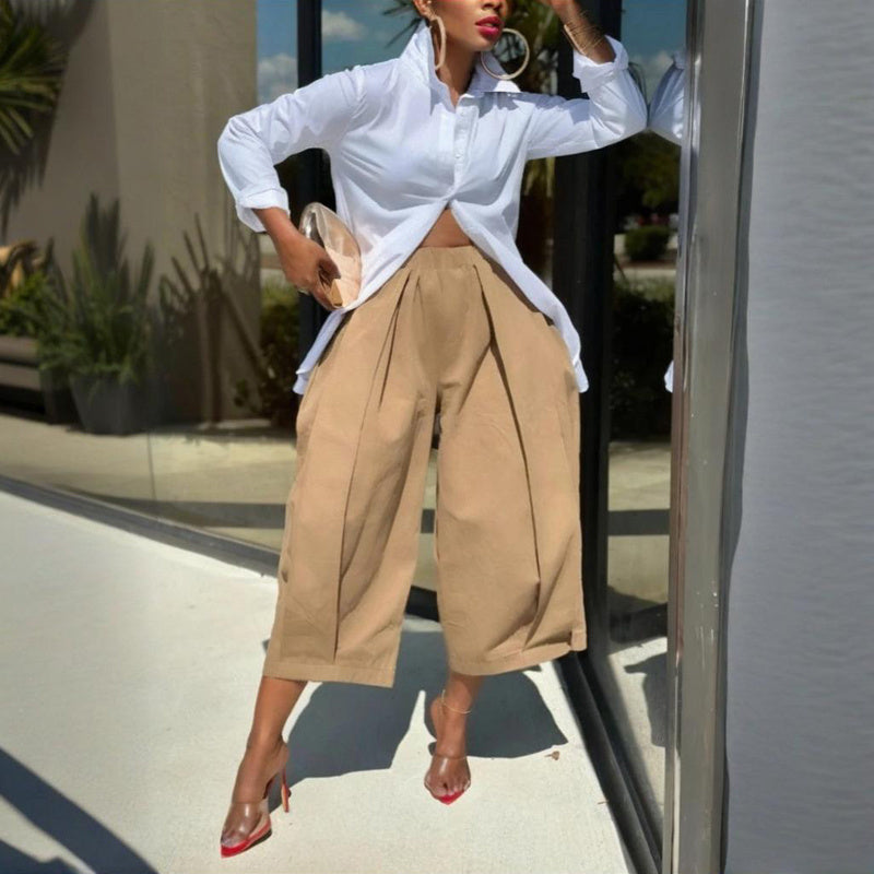Women's Solid Color Cotton Wide Leg Cropped Pants With Pleats & Pockets - Spring Summer Fashion Comfortable Loose Trousers