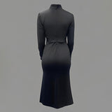 Women's Solid Color Long Sleeve Bodycon Elegant Button Midi Dress With Slit Spring Fall Fashion Bow Accent Dress
