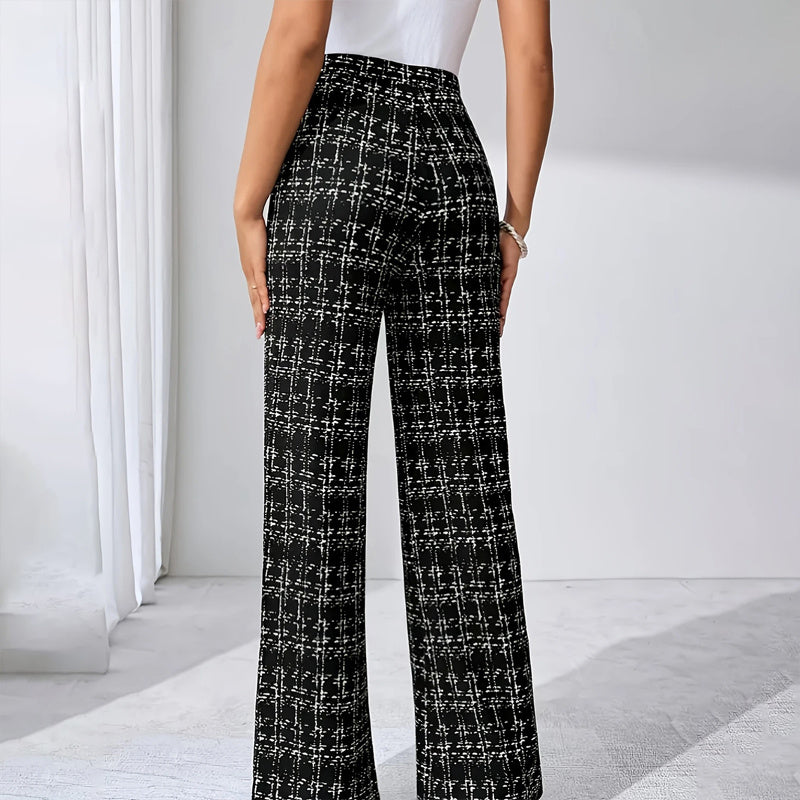 Women's Printed Check High-Waisted Straight Leg Pants - Office Casual Trousers For Spring&Fall