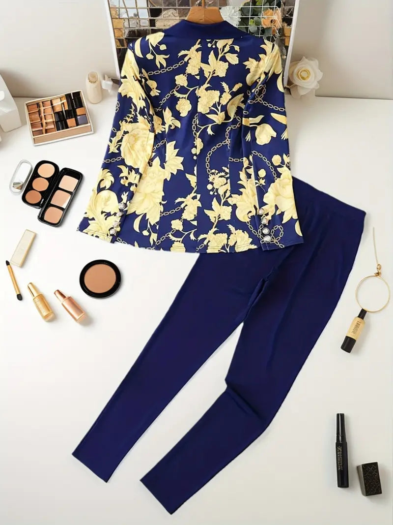 2025 New Women's Elegant High-end Printed, Chain Printed Slim Fit Suit Jacket And Pure Blue Leggings, Suit Two-piece Set, Machine Washable, All Season Fashionable