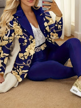 2025 New Women's Elegant High-end Printed, Chain Printed Slim Fit Suit Jacket And Pure Blue Leggings, Suit Two-piece Set, Machine Washable, All Season Fashionable