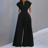 Women's V-Neck Solid Color Short Sleeve Jumpsuit Wide Leg A-Line Waist Tied Casual Summer Outfit