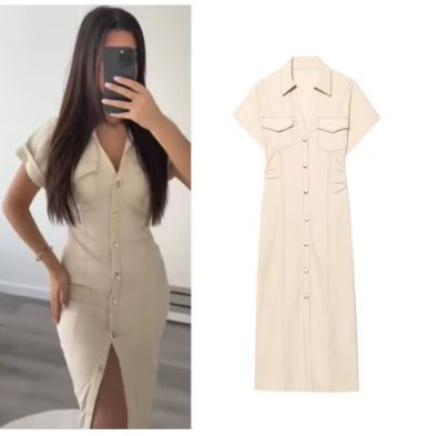 ETJ 2025 Spring New 1975 series denim MIDI dress with lapel side zipper fashion wrinkle waist slim elegant dress