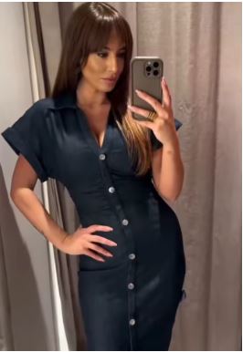 ETJ 2025 Spring New 1975 series denim MIDI dress with lapel side zipper fashion wrinkle waist slim elegant dress