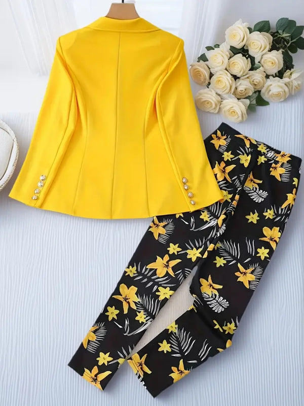 New Women's Fashionable Solid Color Top And Printed Pants Set, Machine Washable, Perfect Choice For Spring And Autumn