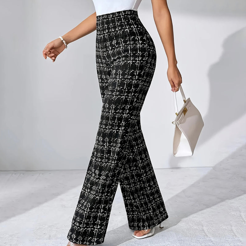 Women's Printed Check High-Waisted Straight Leg Pants - Office Casual Trousers For Spring&Fall