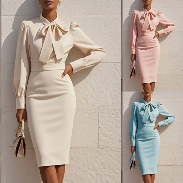 Women's Elegant Solid Stand Collar Long Sleeve Dress With Bow Detail Hem Slit Formal Midi Dress For Spring&Fall