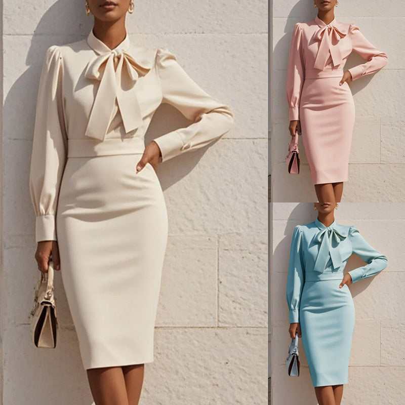 Women's Elegant Solid Stand Collar Long Sleeve Dress With Bow Detail Hem Slit Formal Midi Dress For Spring&Fall