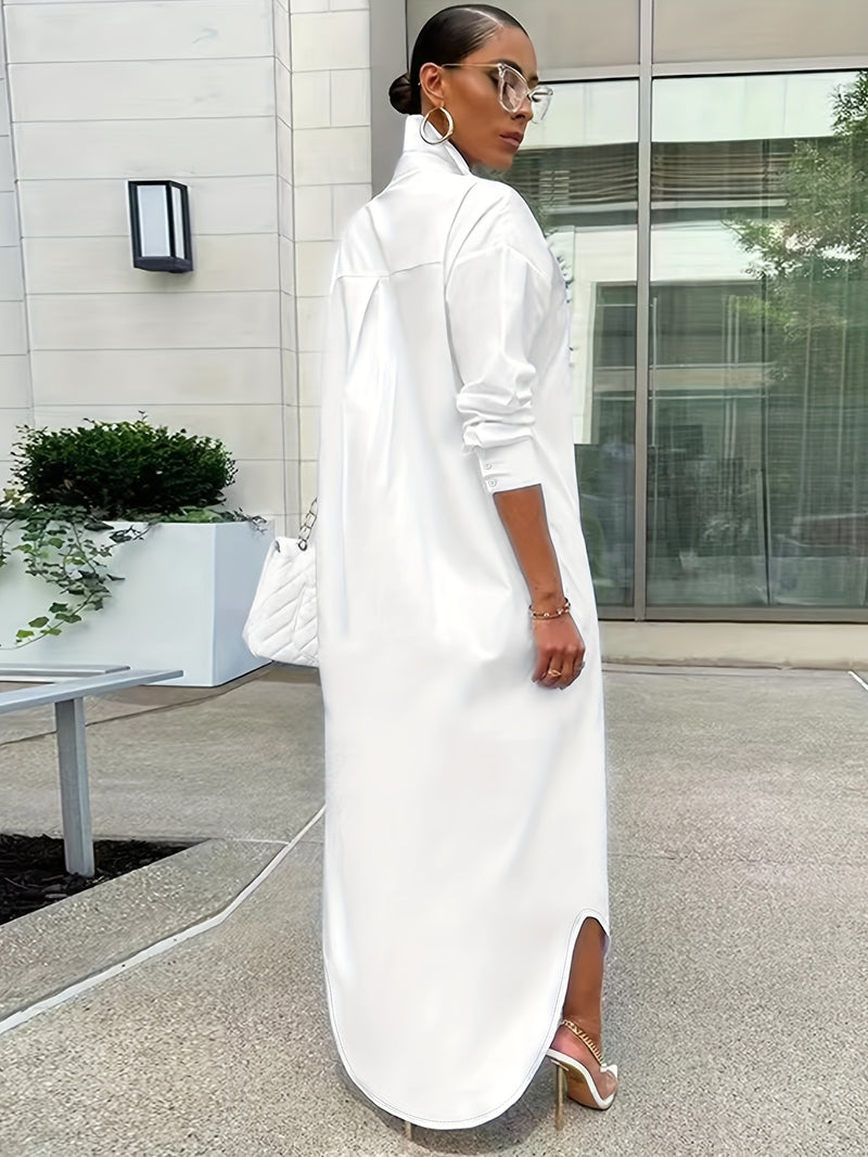 Women's Solid Button Design Longline Shirt, Casual Long Sleeve Outerwear For Daily Wear, Ladies Clothes For All Seasons, Top