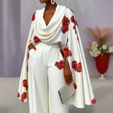 Women's Floral Print Mock Neck Long Sleeve Top & Wide Leg Pants Set With Pockets - Stylish Spring&Summer Outfit