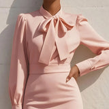Women's Elegant Solid Stand Collar Long Sleeve Dress With Bow Detail Hem Slit Formal Midi Dress For Spring&Fall