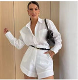 Women Long Sleeve 2 Pieces Sets Casual Simple Button Pockets. Short Pant with Shirts Tops