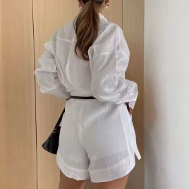 Women Long Sleeve 2 Pieces Sets Casual Simple Button Pockets. Short Pant with Shirts Tops