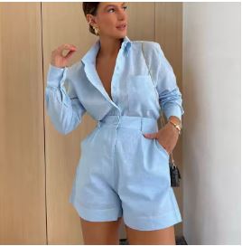 Women Long Sleeve 2 Pieces Sets Casual Simple Button Pockets. Short Pant with Shirts Tops